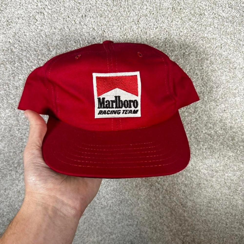 Vintage 90s Marlboro Racing team red SnapBack hat cap